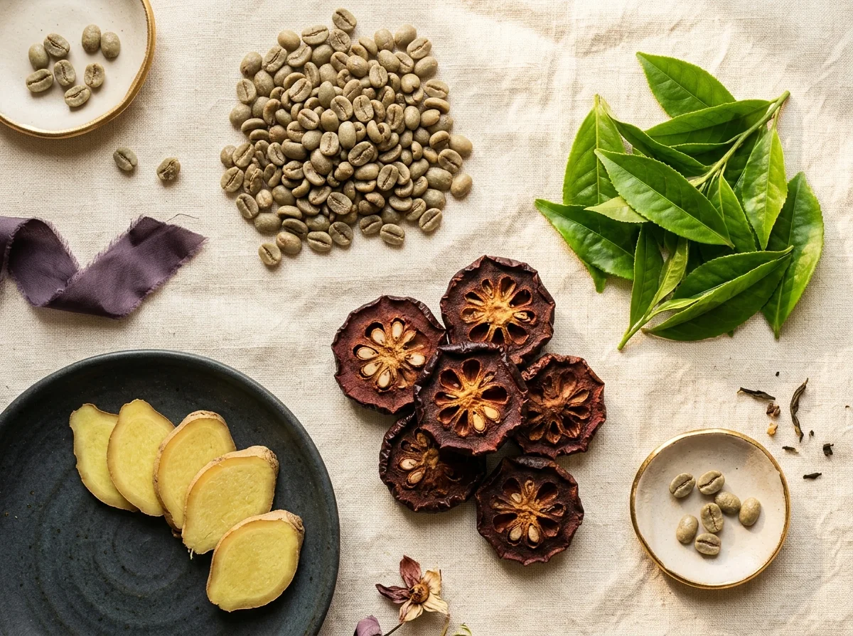 Flat lay of green coffee beans, garcinia cambogia fruit, green tea leaves and ginger root on a cream background