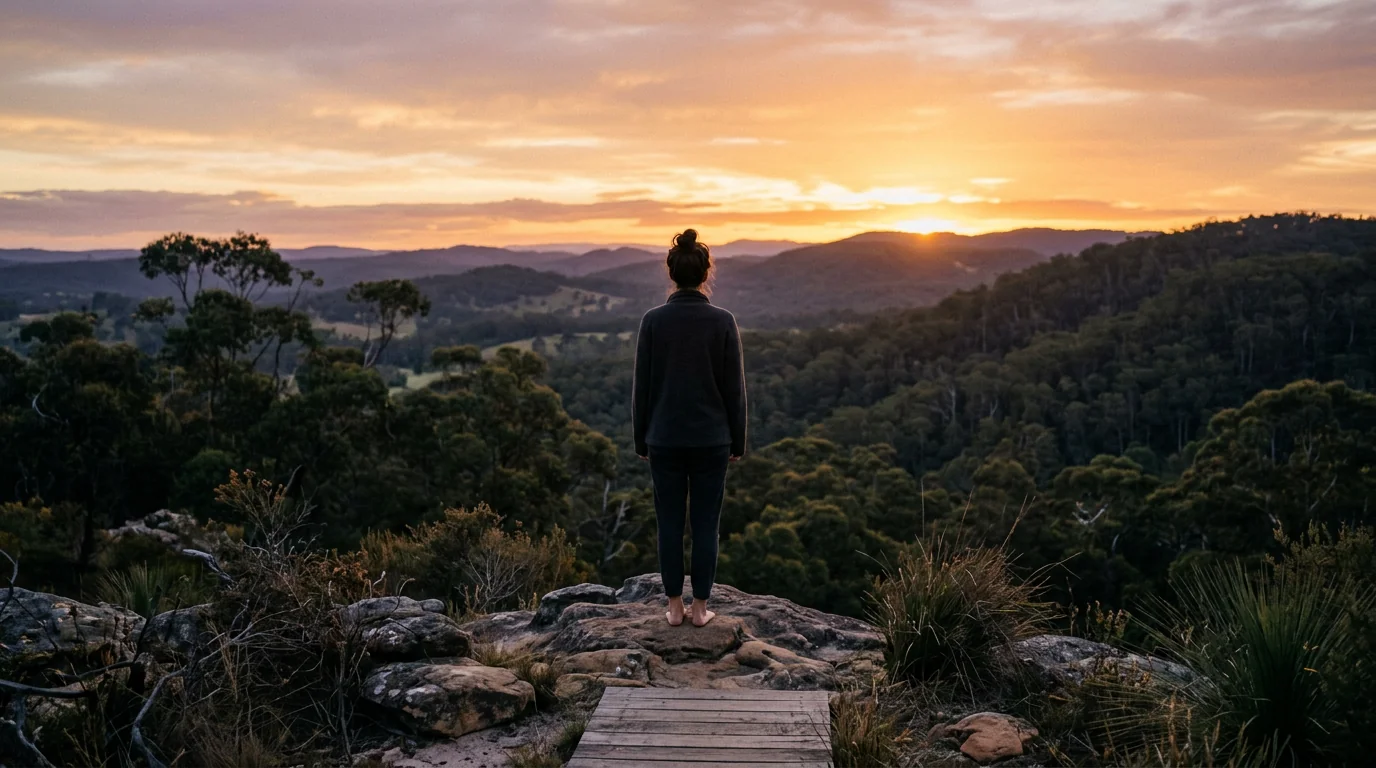 Silhouette of a person looking at sunrise over Australian bushland from behind