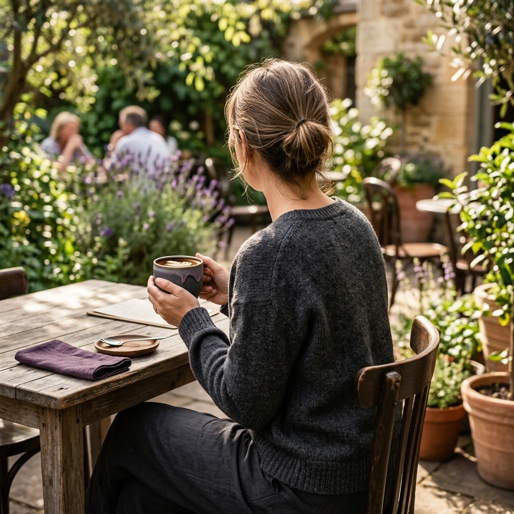 Anonymous person from behind at outdoor cafe with coffee