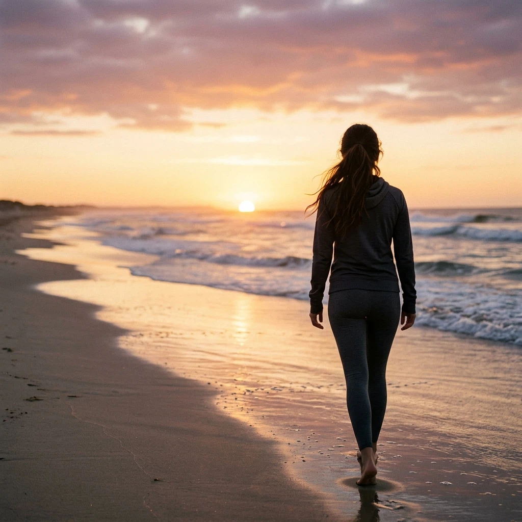 Anonymous person from behind walking on beach at sunrise